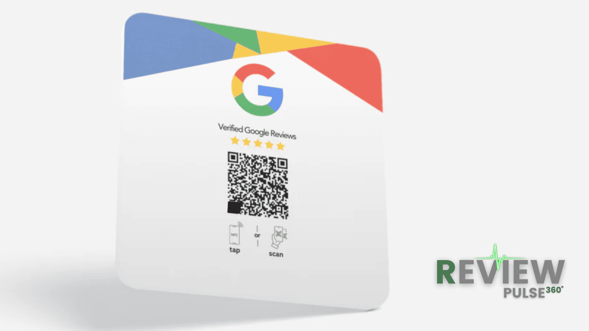 Google review card with a QR code and Review Pulse 360 logo on a white background.