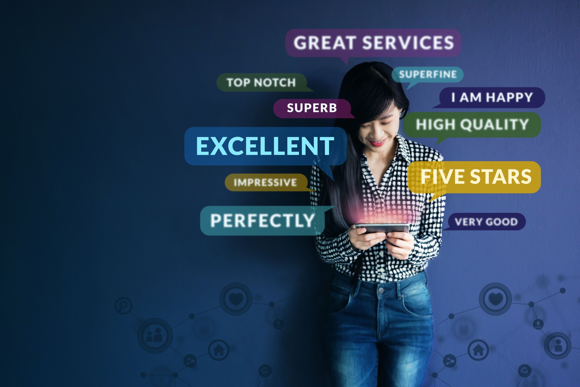 Customer Experience Concept. Soft focus of Happy Client standing at the Wall, Smiling while using Smartphone. Surrounded by Positive Review in Speech Bubble and Social Network icons