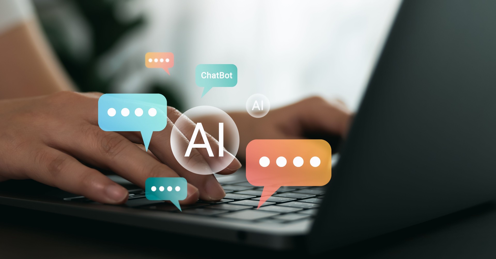 Hand using laptop and chatting with chatbot application, shows message speech bubbles digital screen of social media notifications. Ai (Artificial Intelligence) technology concept.