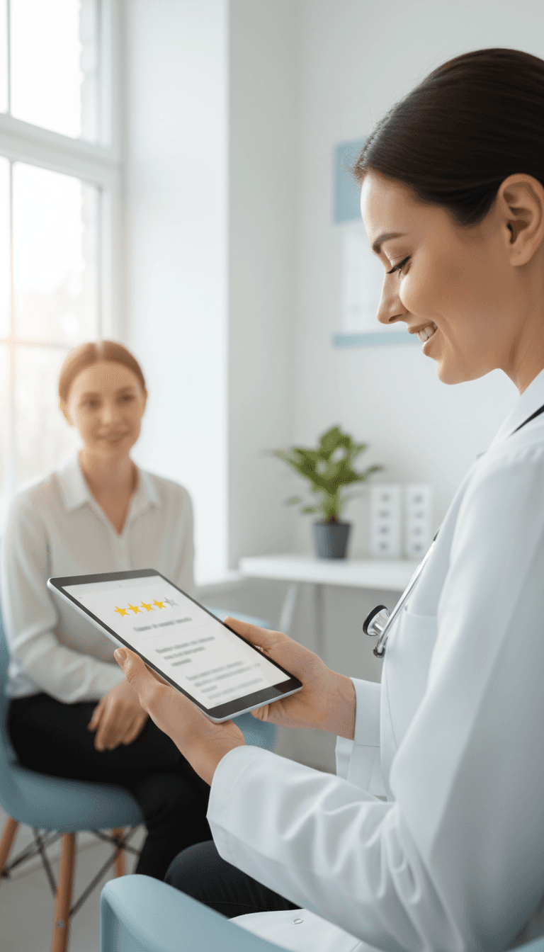 Doctor showing a patient a tablet with a review widget