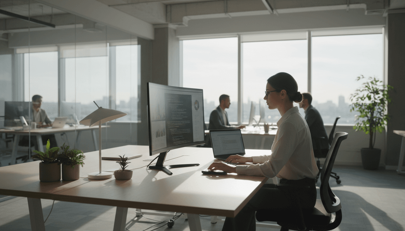 Young professional working at desk with computer in modern bright office