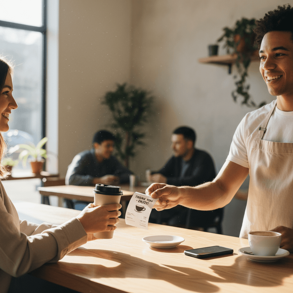 Barista handing a receipt to a customer at a counter