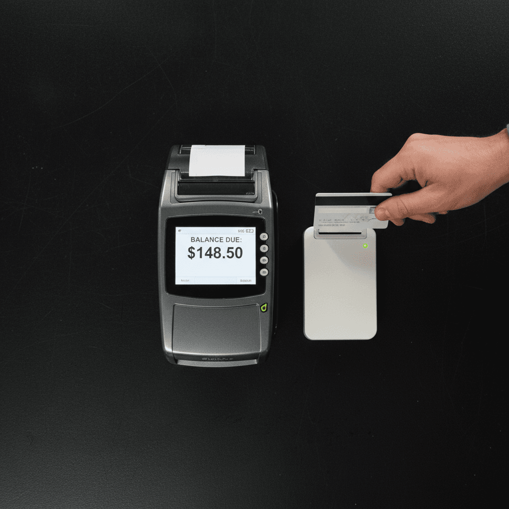 Overhead view of a customer's hand reaching toward a card reader at checkout