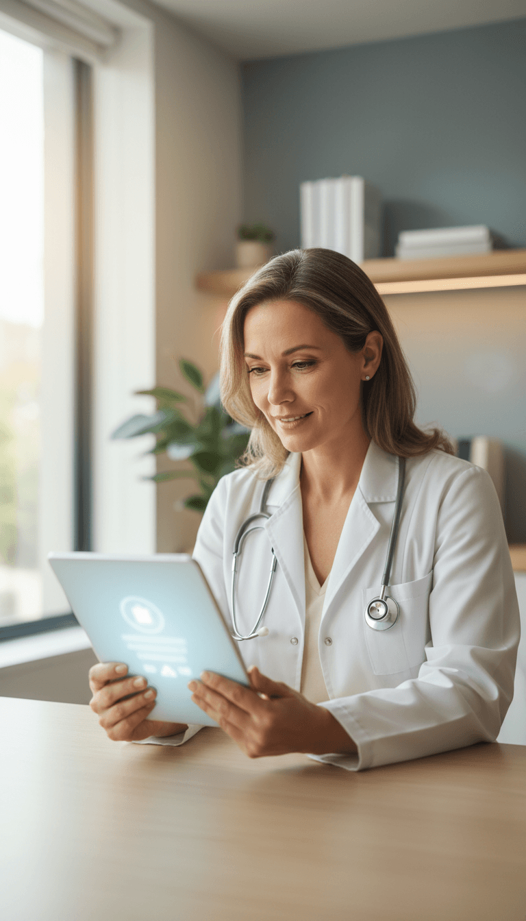 Female physician reviewing patient feedback on a tablet in a modern medical office