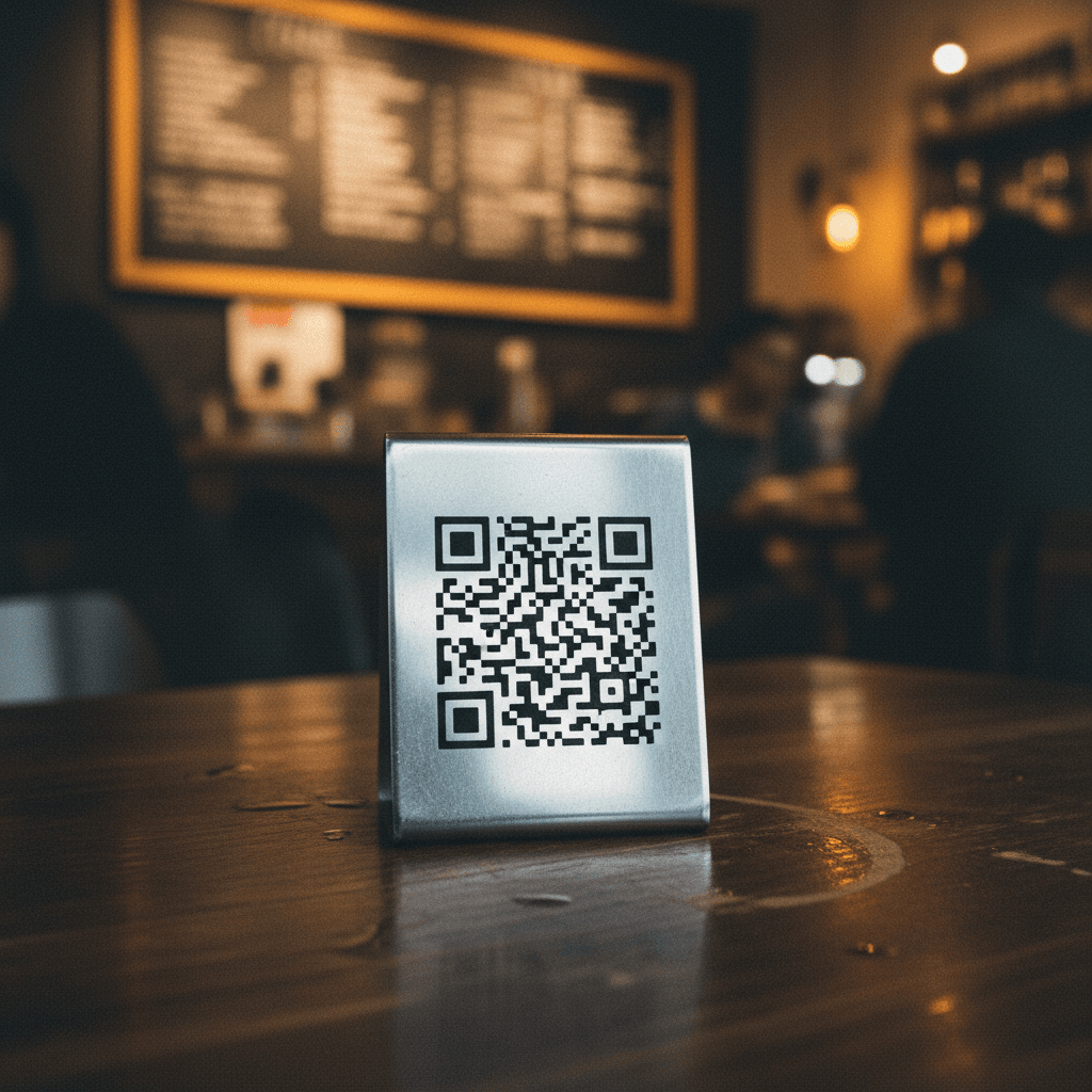 QR code sign on a coffee shop table