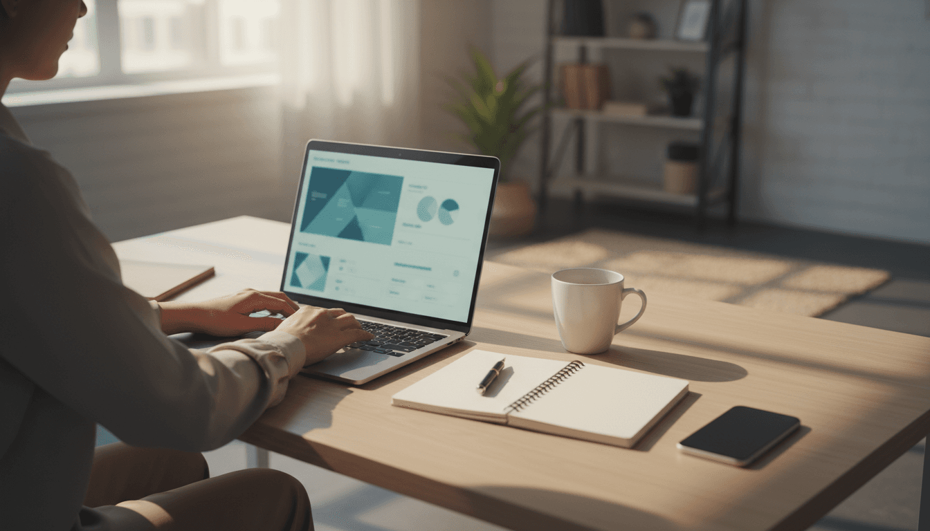 Person working on a laptop at a home office desk with modern, clean aesthetic