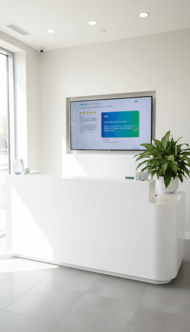 Review widget displayed on a monitor at a medical reception desk