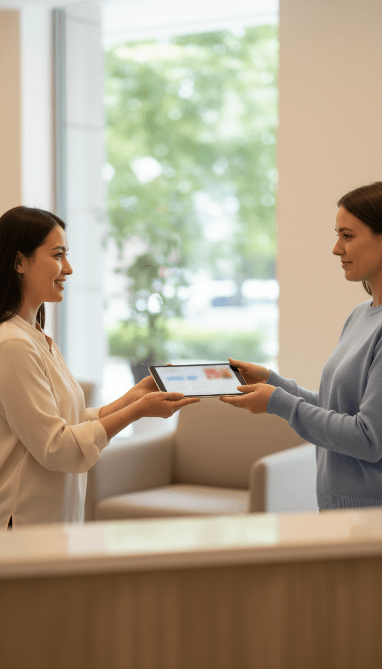 Receptionist handing a tablet with a review widget to a patient