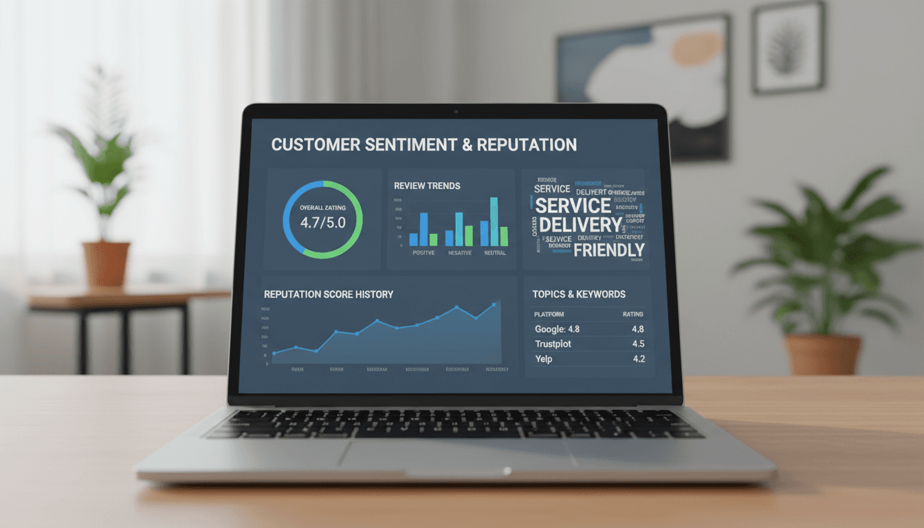 Reputation management dashboard showing customer review analytics on a laptop