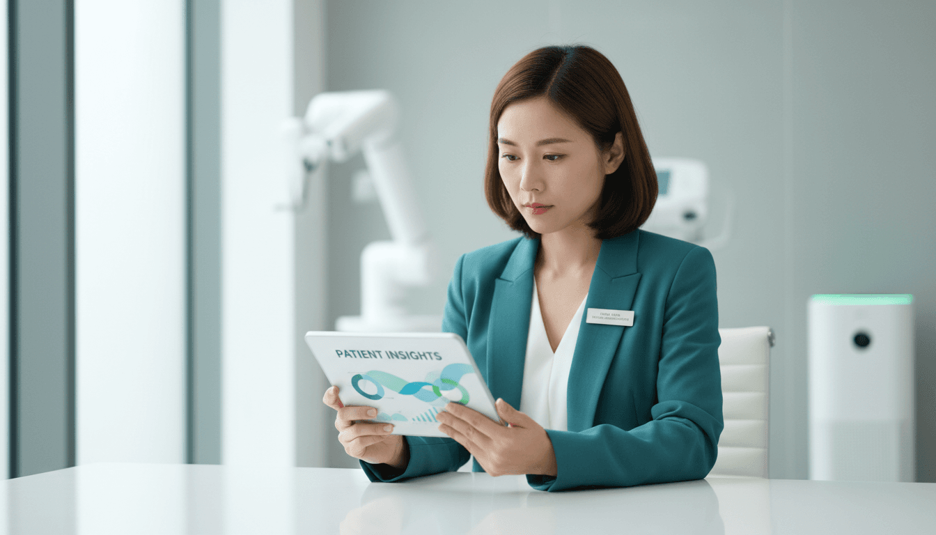 Healthcare practice coordinator reviewing patient feedback on a tablet in a bright medical office