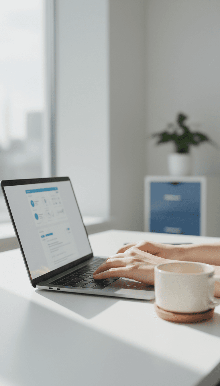 Healthcare administrator typing on laptop with dashboard on screen