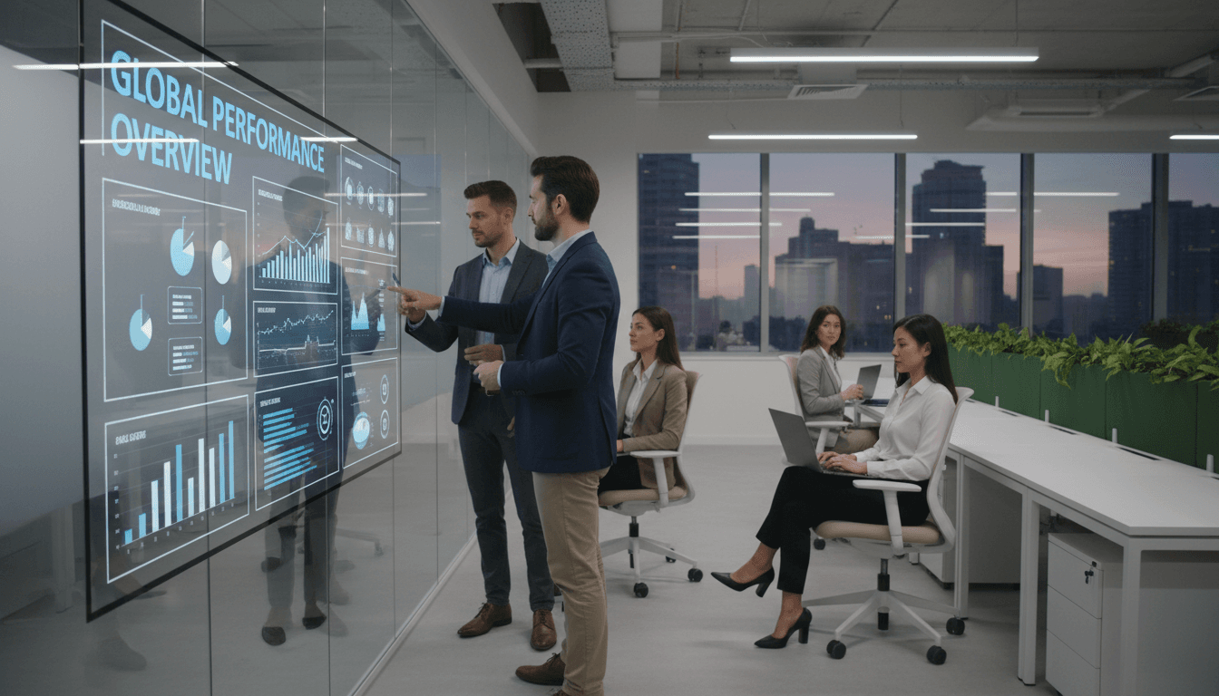 Business professionals reviewing online reputation metrics on a large screen in a modern office
