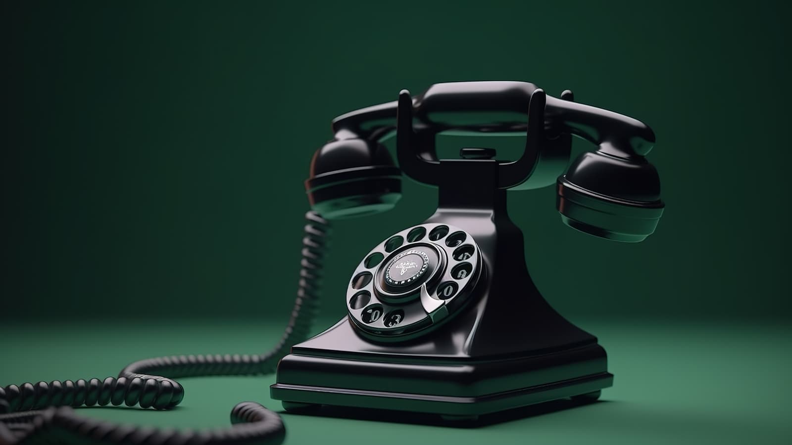 Glossy black vintage rotary telephone with a coiled cord on a dark green background.