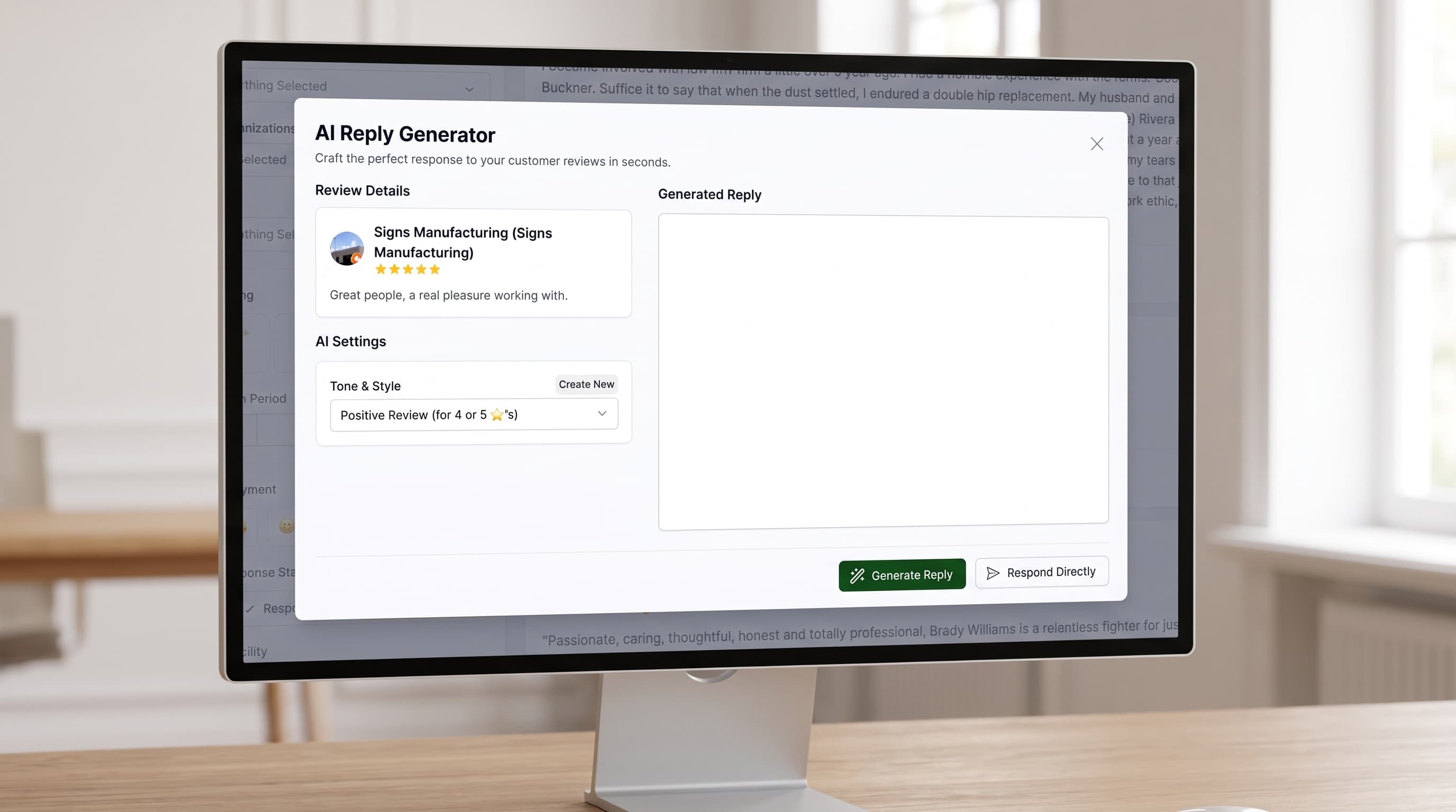 Computer monitor displaying an AI Reply Generator tool for responding to a positive customer review.