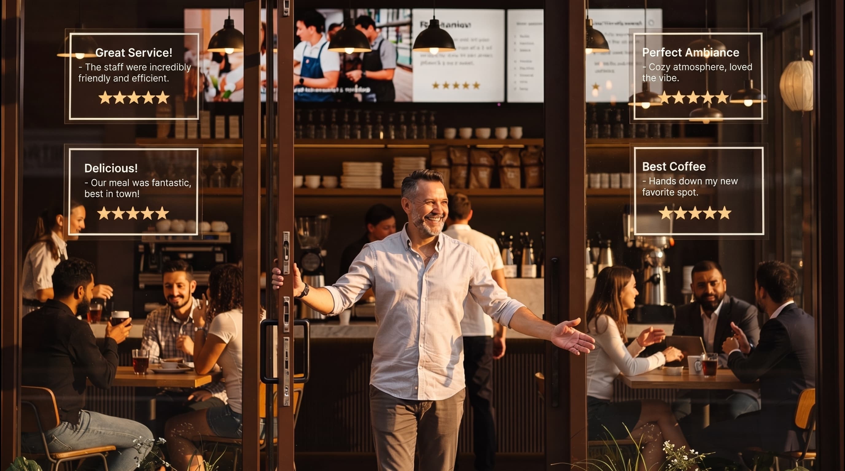 Smiling man welcomes guests into a busy cafe with glowing five-star reviews displayed.