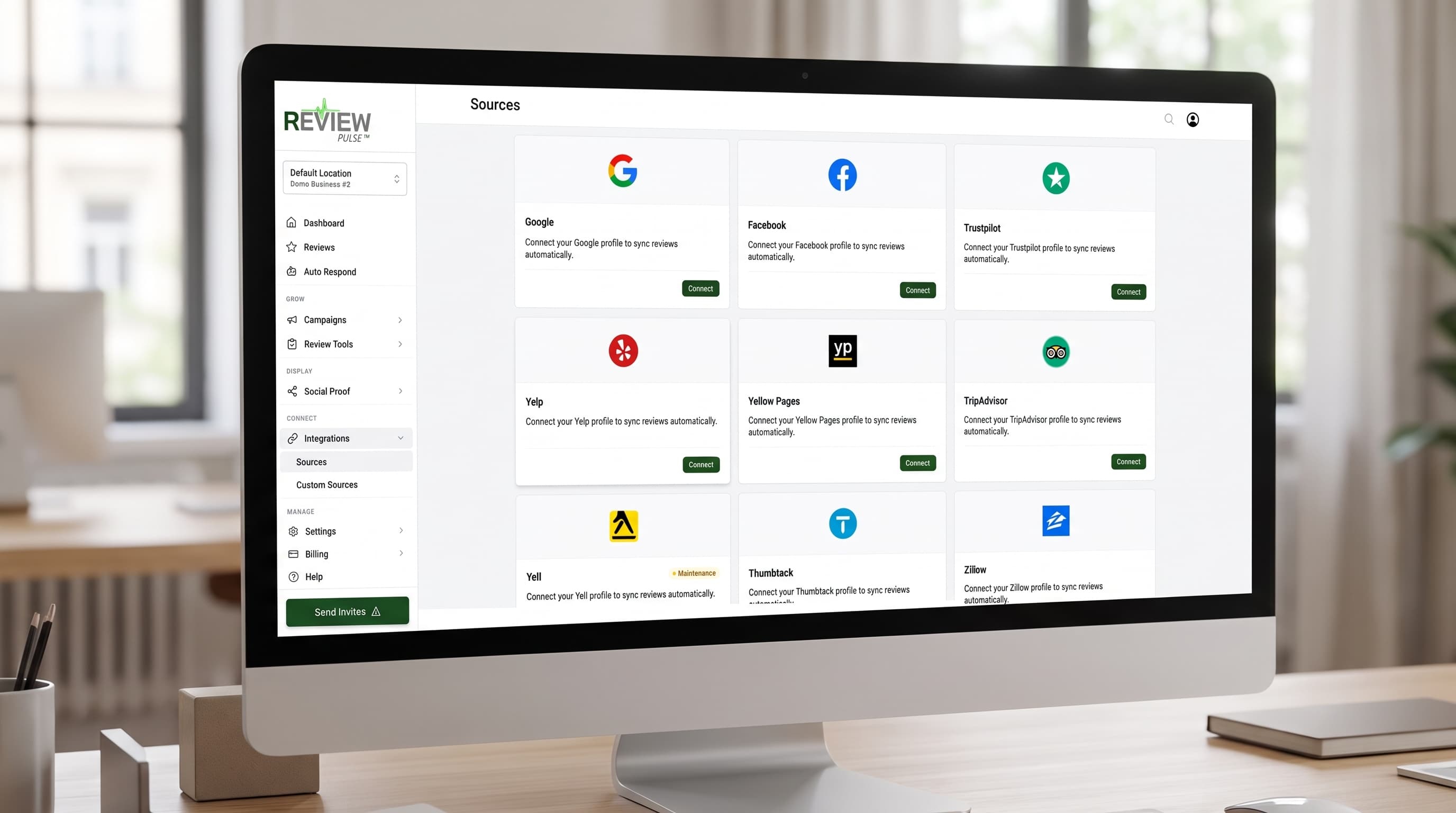 Review Pulse software interface on a monitor showing integration cards for multiple review platforms.