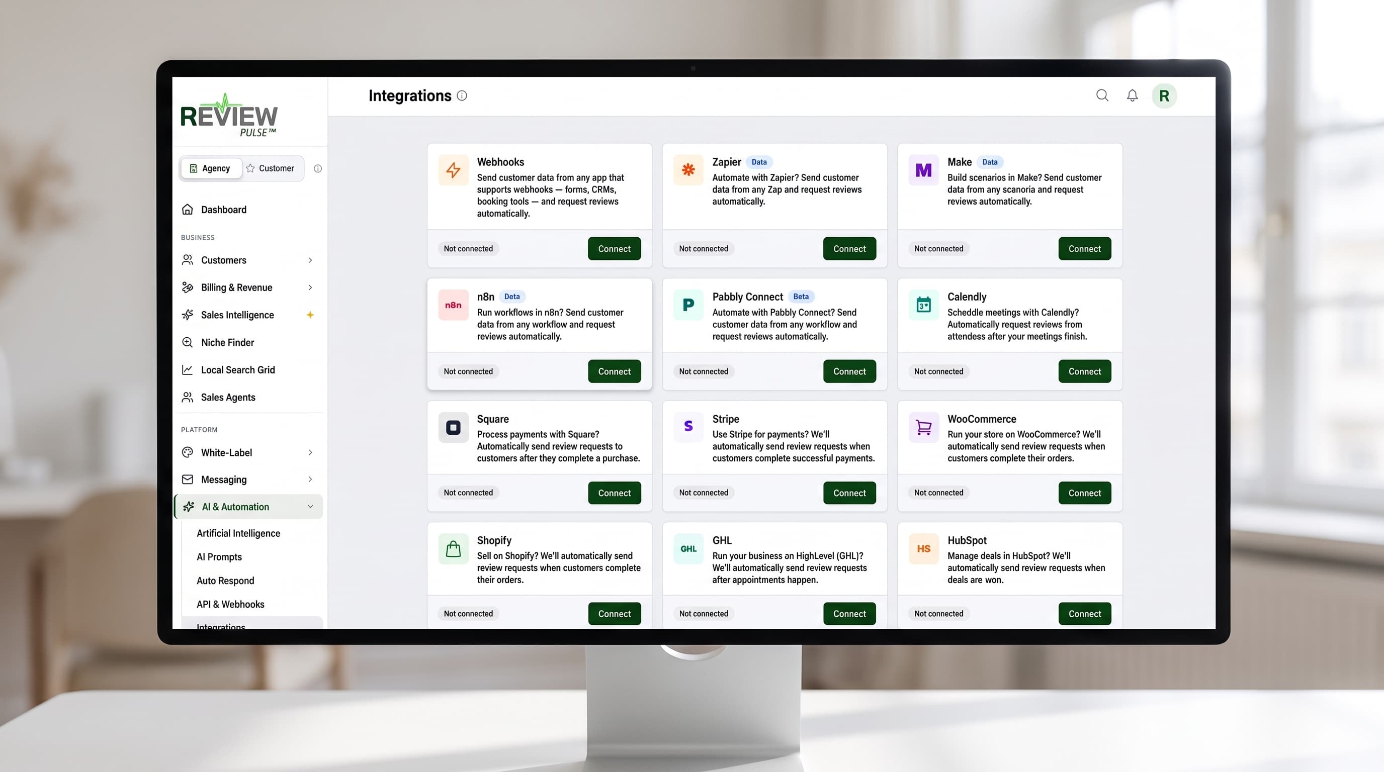 Review Pulse dashboard integrations page on a monitor with various third-party app connection cards.