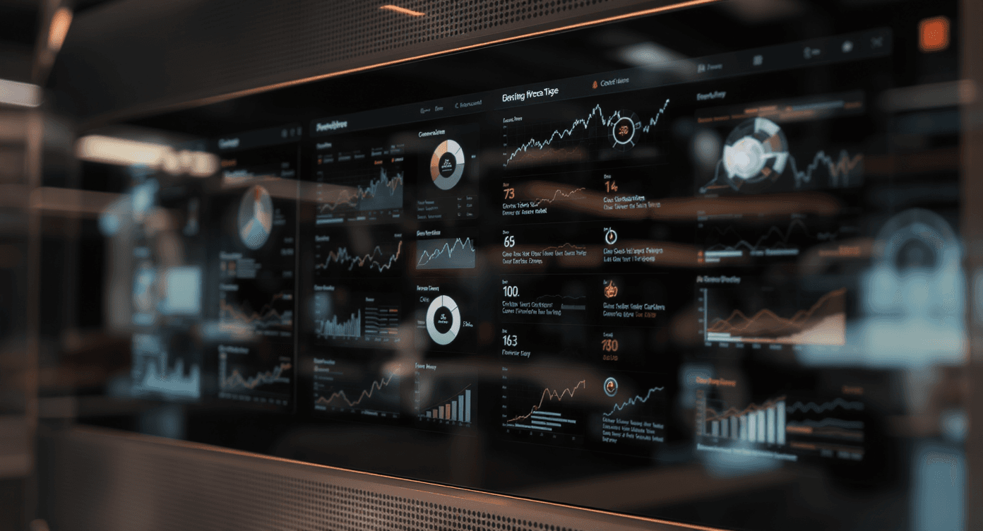 Futuristic digital dashboard featuring glowing line graphs, pie charts, and complex data analytics.