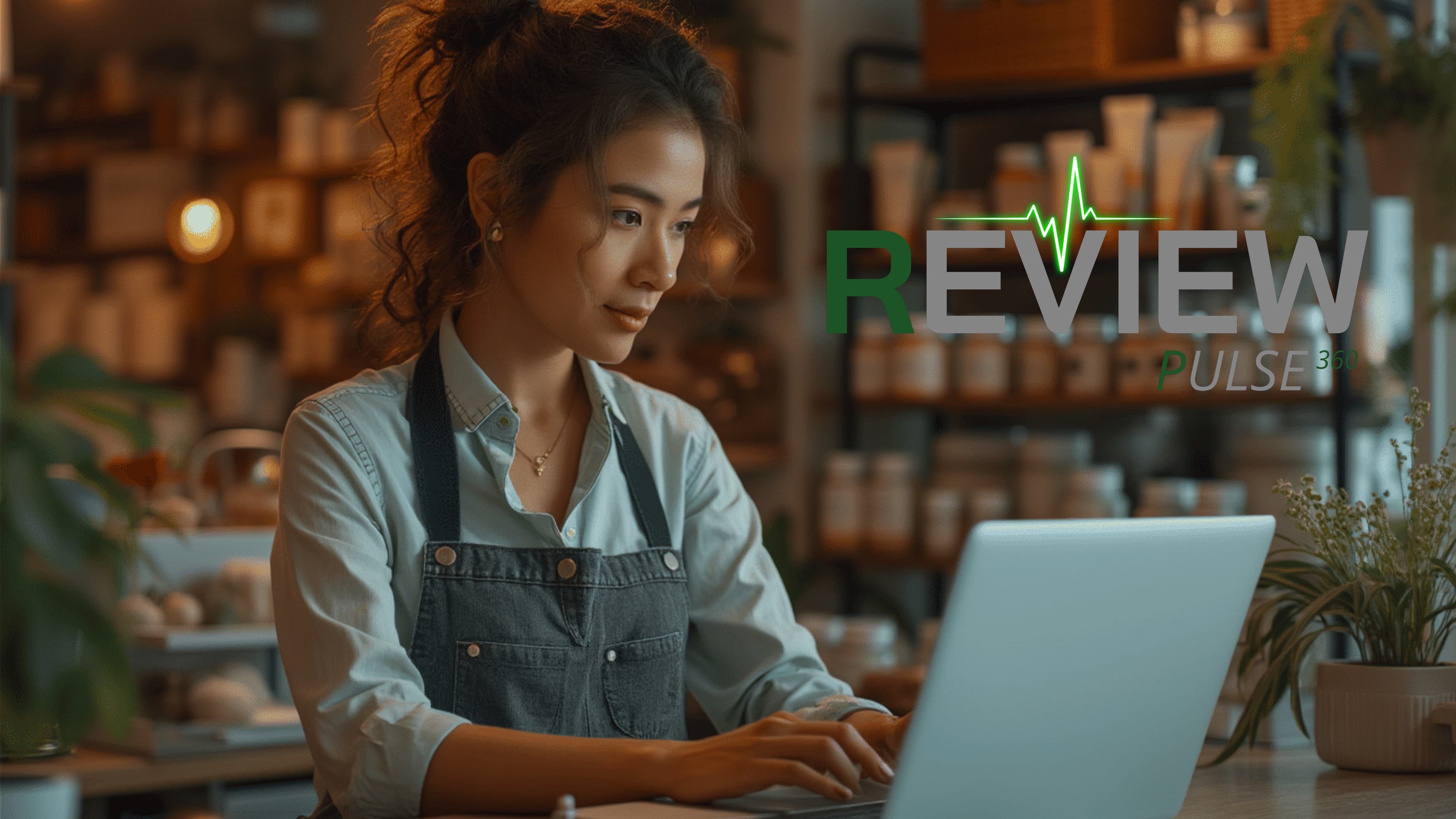 Woman in denim apron using laptop in shop with 'REVIEW PULSE 360' logo overlay.