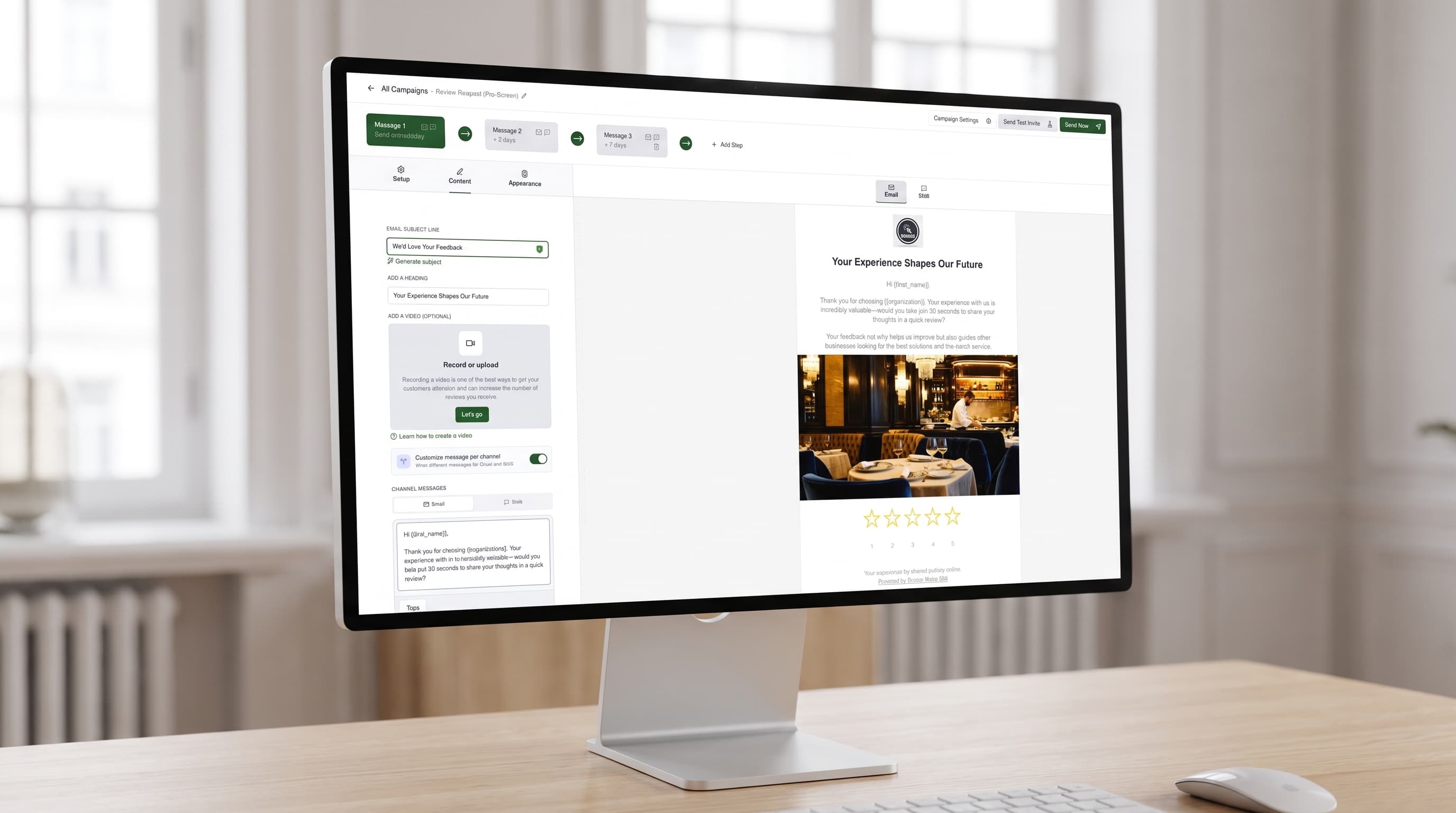 Computer monitor displaying an email marketing software interface for creating a customer feedback campaign.