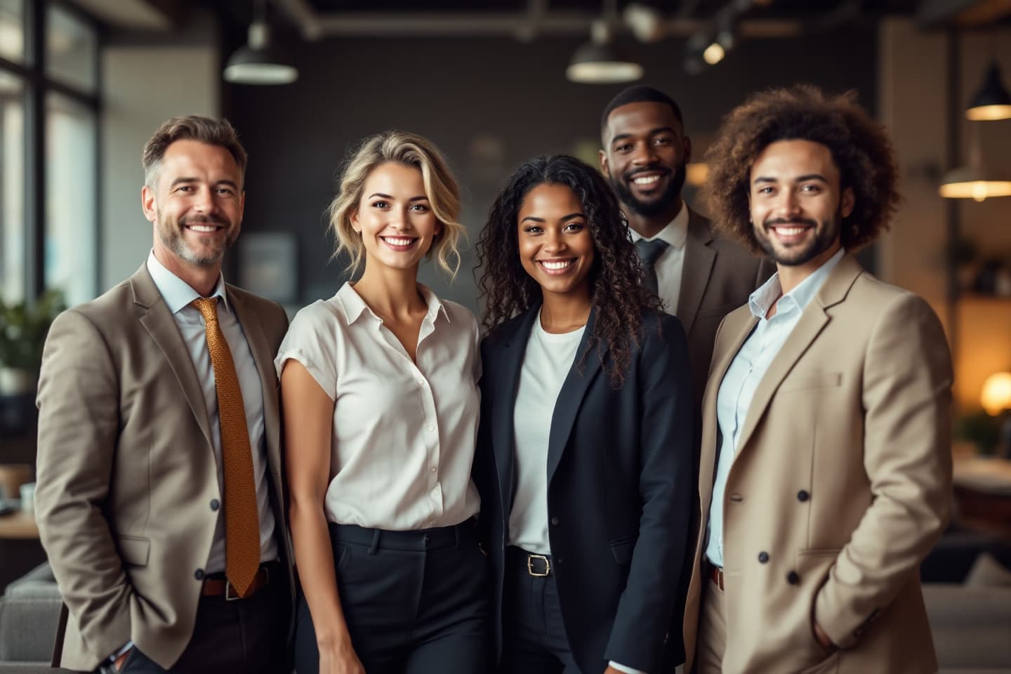 Five diverse, smiling professionals in business attire standing together in a modern office.