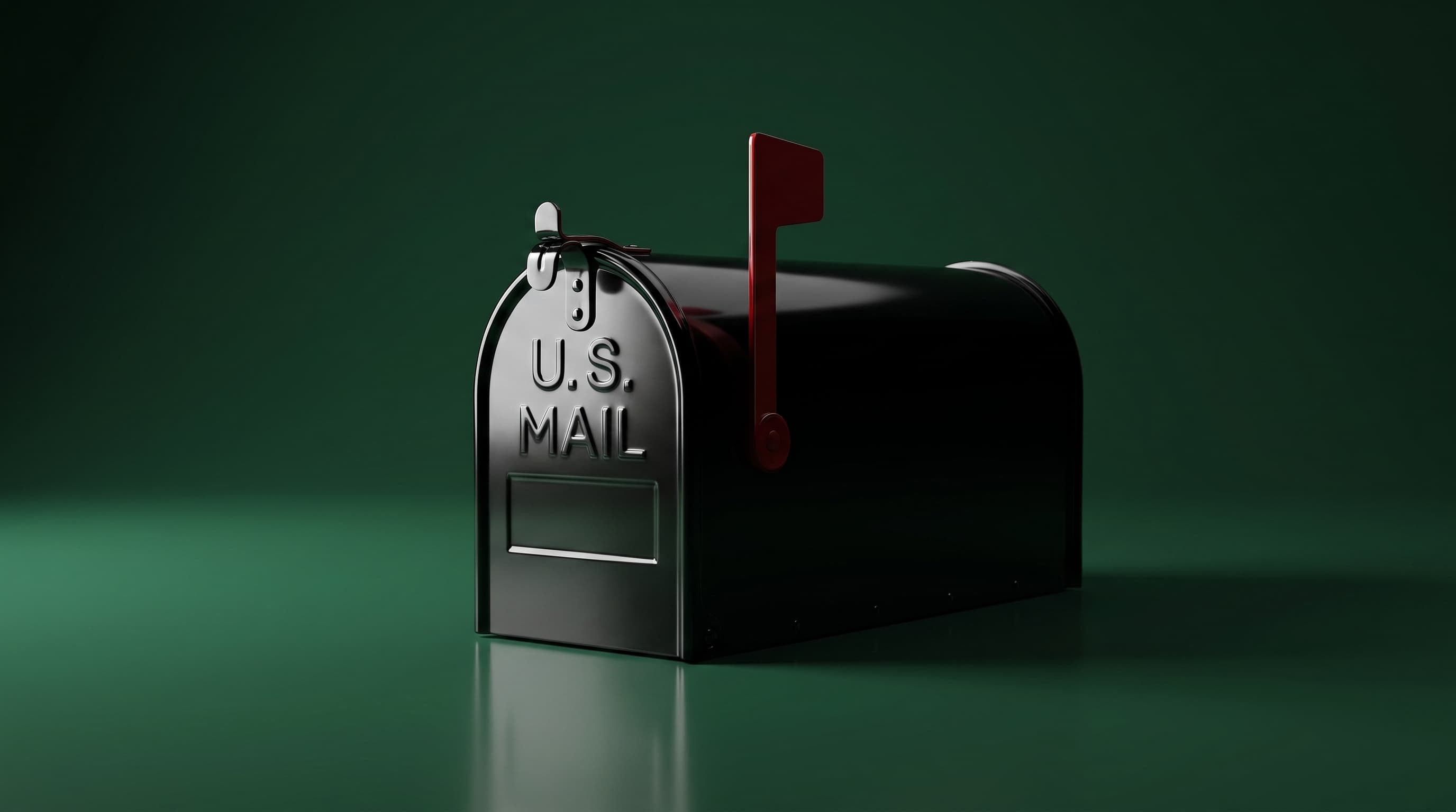 Black U.S. Mail mailbox with a raised red flag against a dark green background.