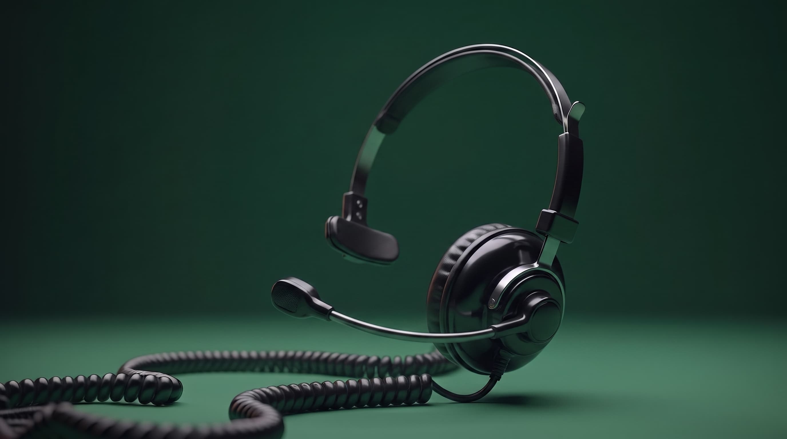 Black single-ear headset with a boom microphone and coiled cord on a dark green background.