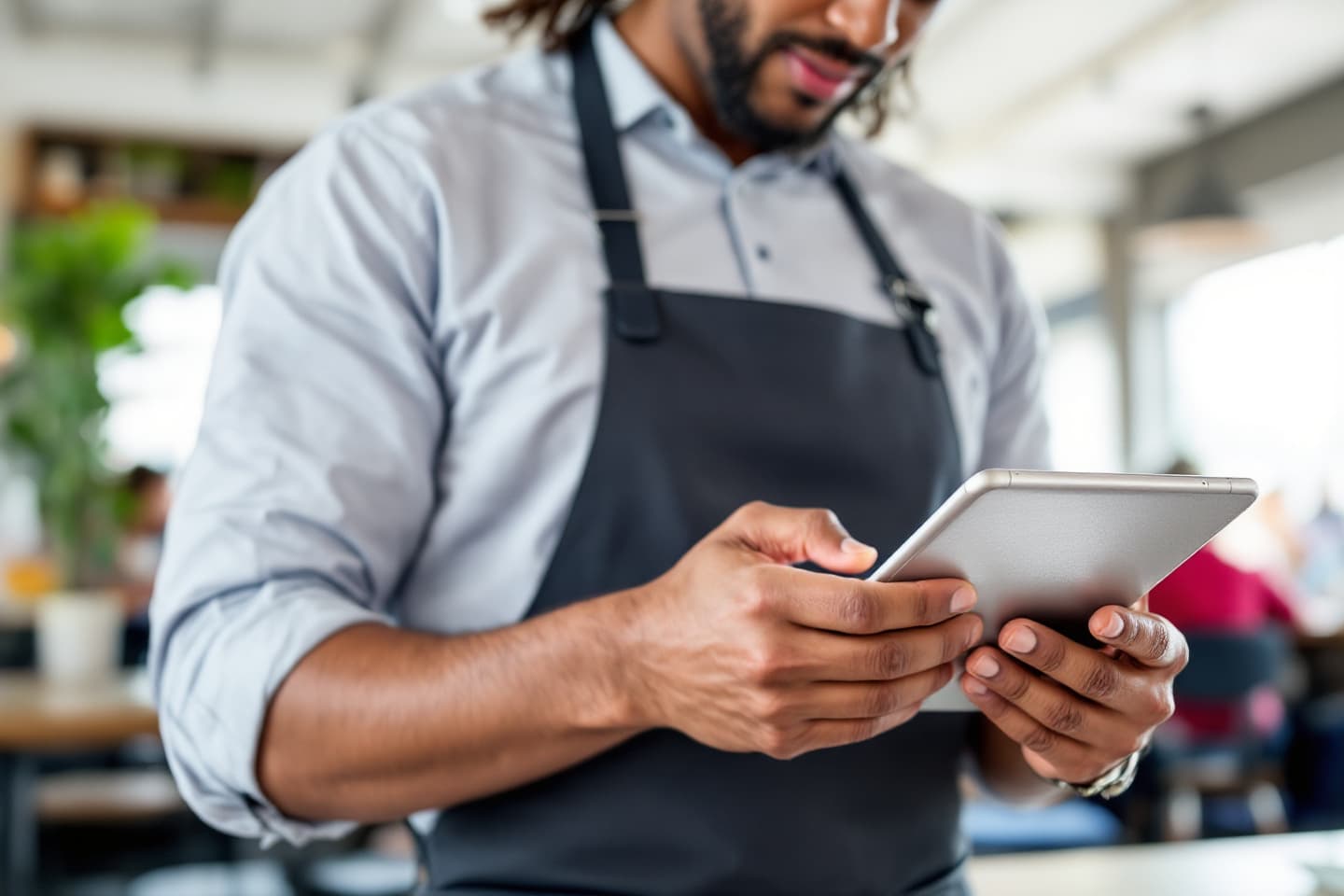 Bearded server in a black apron using a digital tablet in a modern cafe setting.