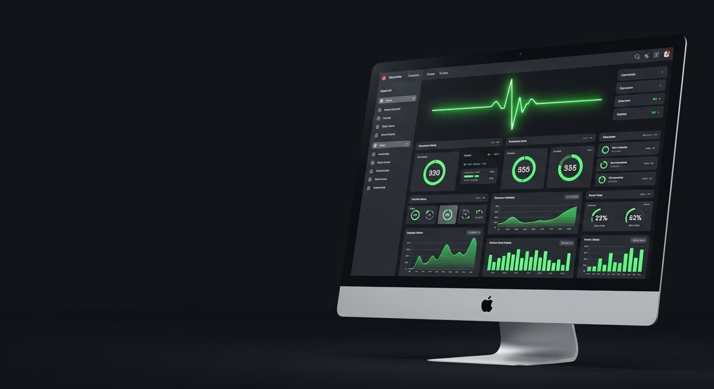 Computer monitor featuring a dark data dashboard with glowing green charts, gauges, and heartbeat lines.