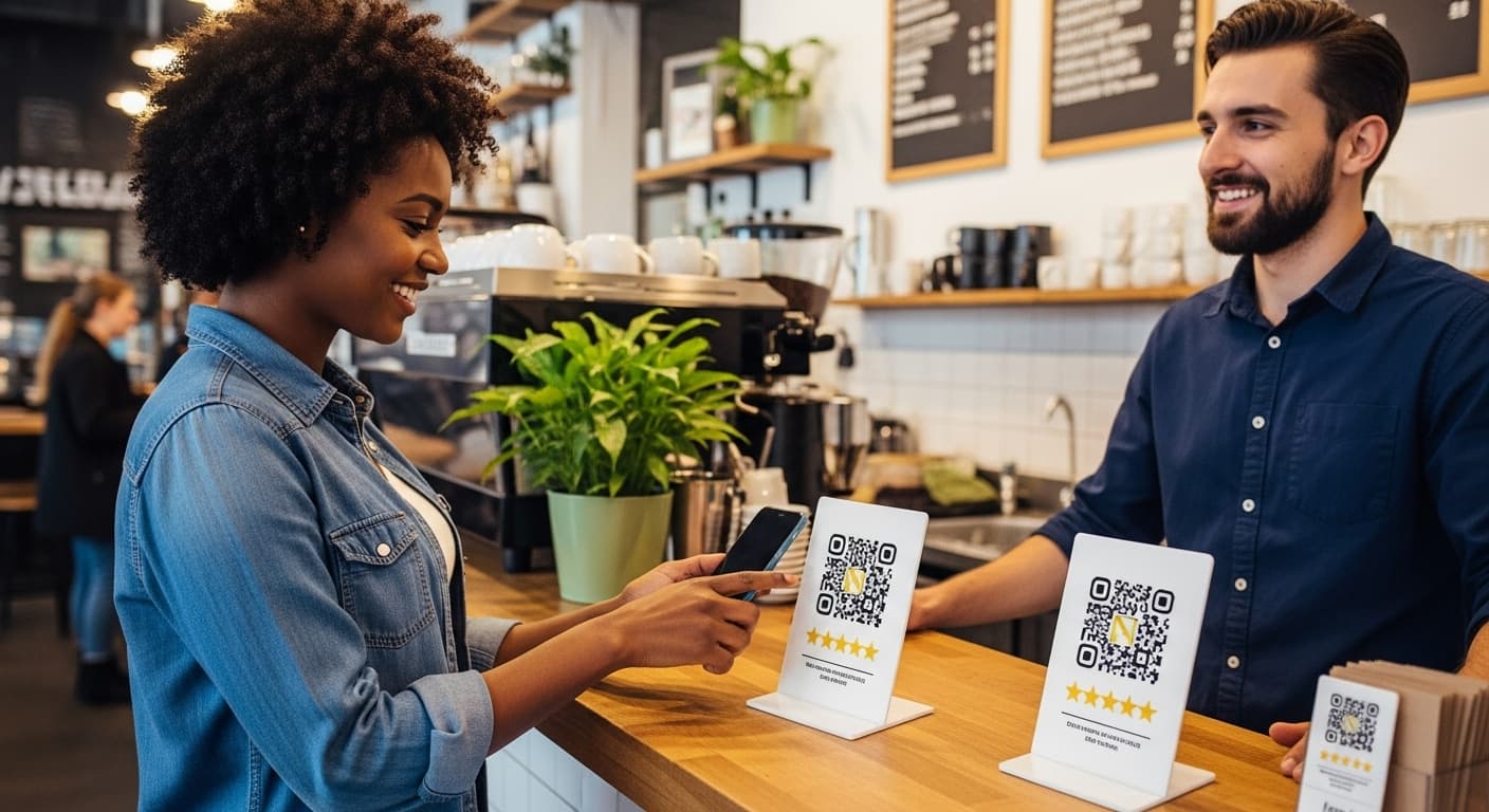 Smiling woman scans a QR code at a cafe counter while a barista looks on.