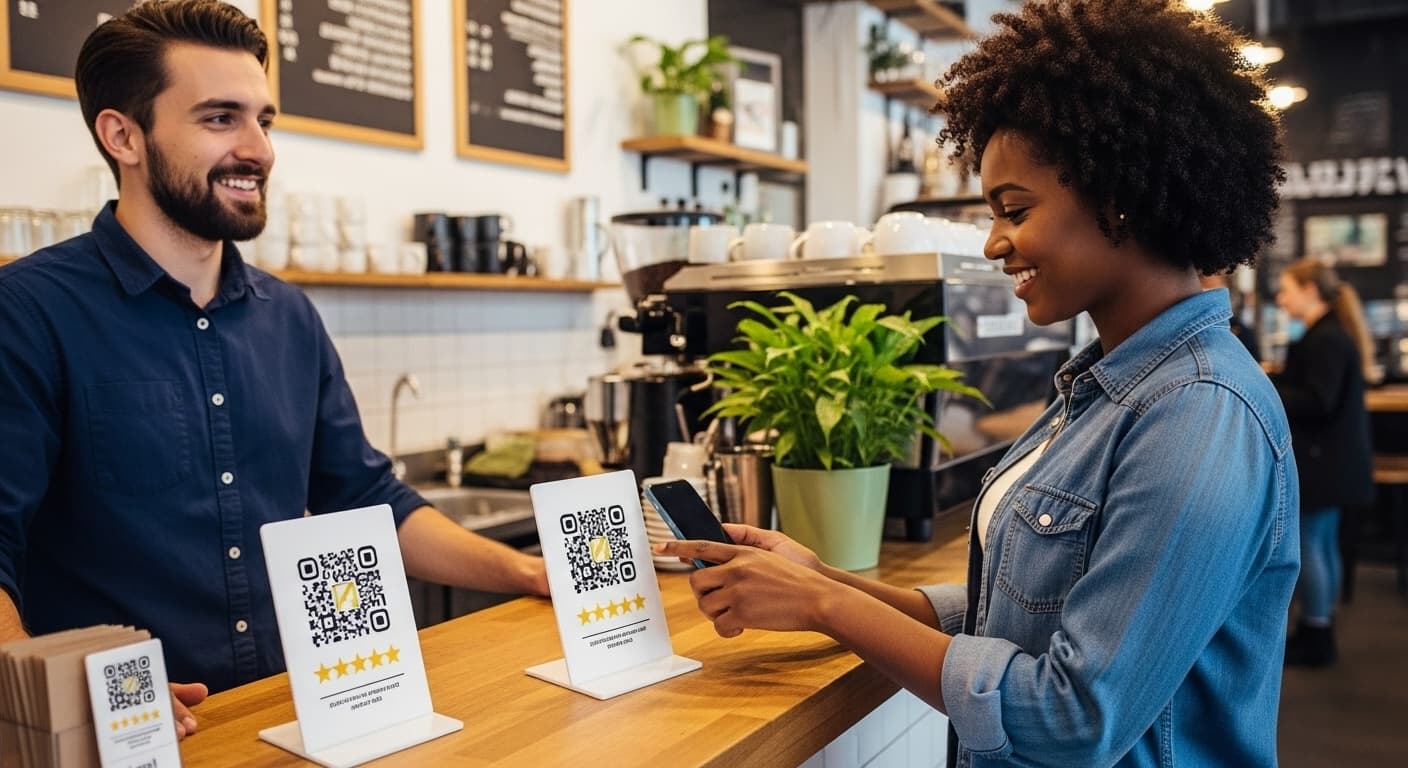 A woman scans a QR code at a cafe counter while a barista smiles.