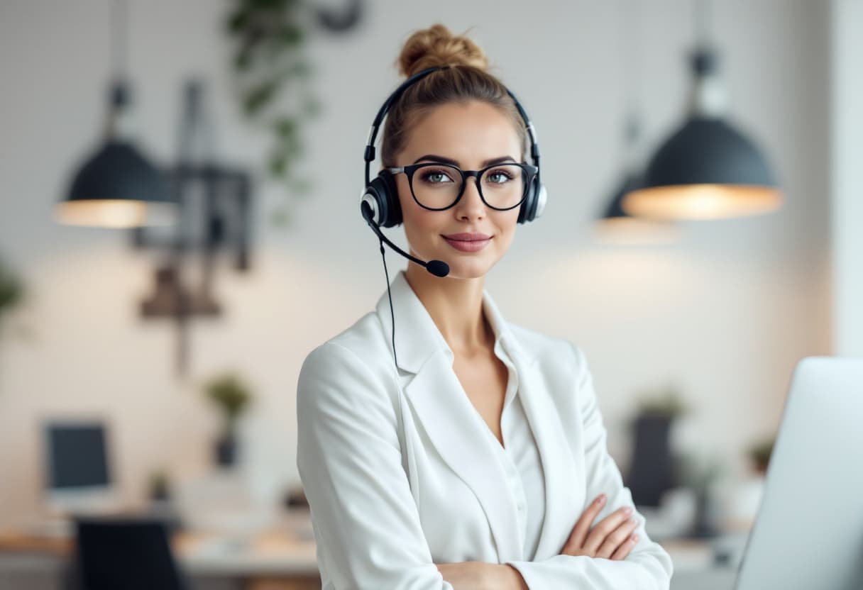 Professional woman with glasses and a headset, wearing a white blazer in a bright office.